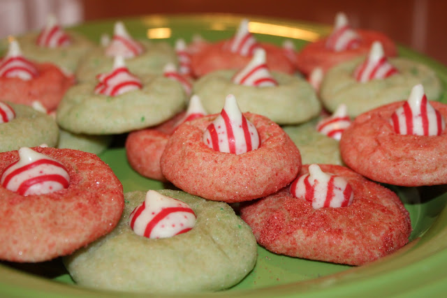 Candy Cane Blossom Cookies--Easy sugar cookies with a Hershey's Kiss in the middle