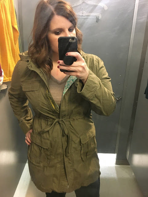 Weekending Woman in Thrifted Old Navy utility jacket