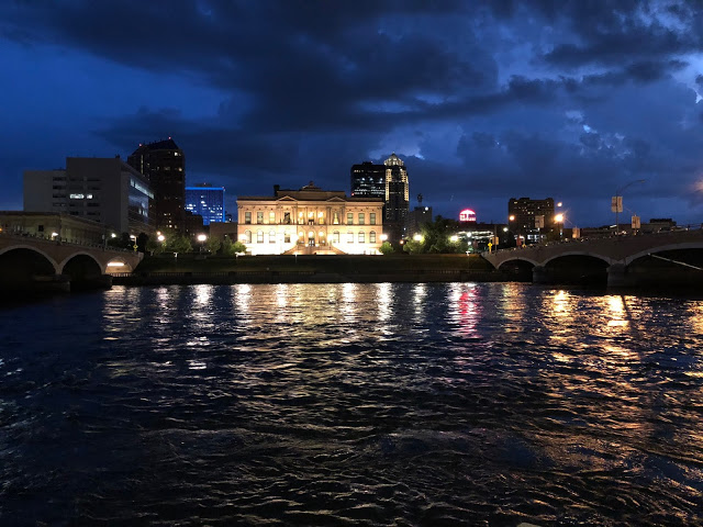 River at night in downtown Des Moines 