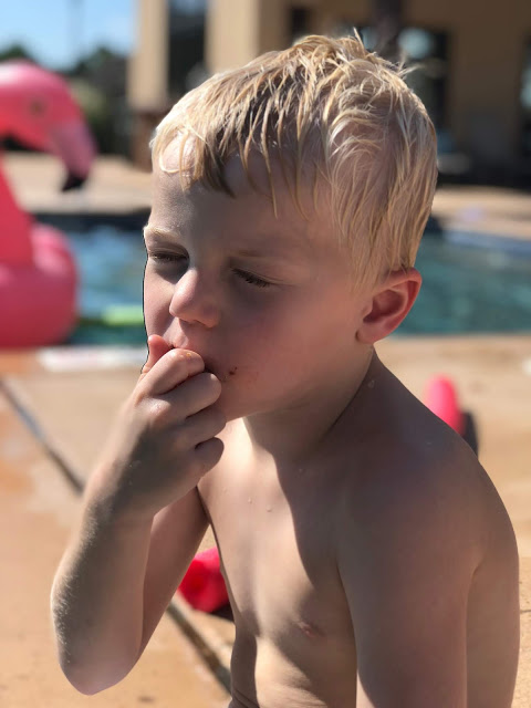 Labor Day Weekend Little Boy Eating Snacks by the Pool 