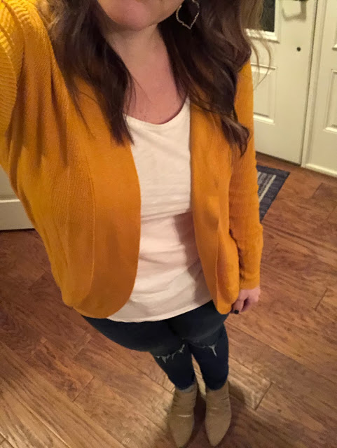 Women's Outfit of the Day mustard cardigan sweater 
