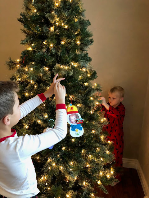 Brothers hanging ornaments on Christmas Tree